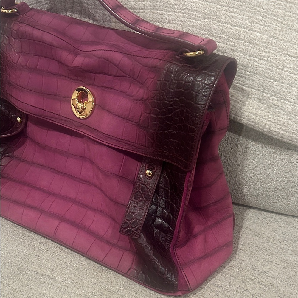 Yves Saint Laurent Plum Purple Croc-Embossed Satchel with Gold Hardware - Picture 2 of 9